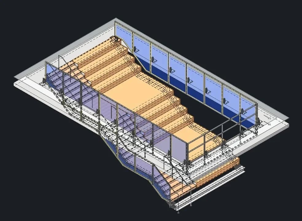 Colour-coded isometric 3D CAD model of a stair: treads in orange, glass panels in blue, framing in grey