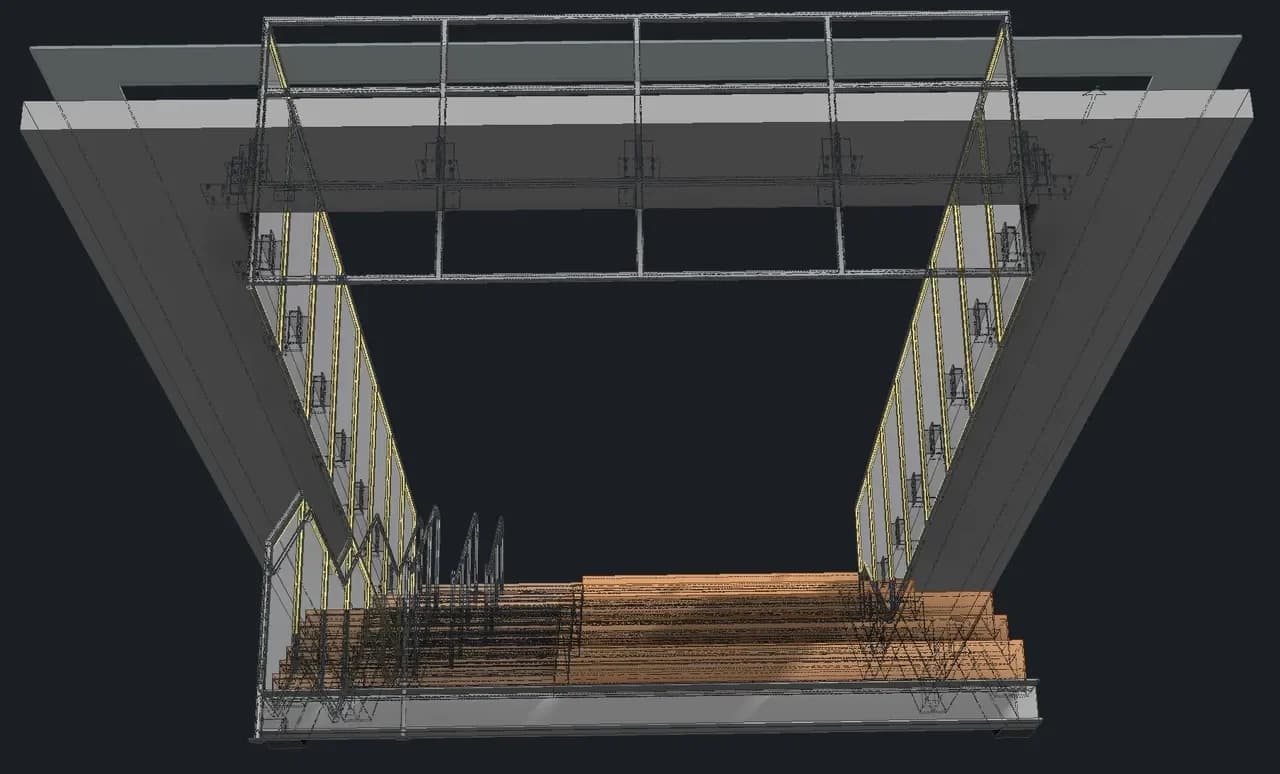 3D CAD model in perspective: a stair opening between floor slabs, with a guardrail frame across the top and members highlighted in yellow