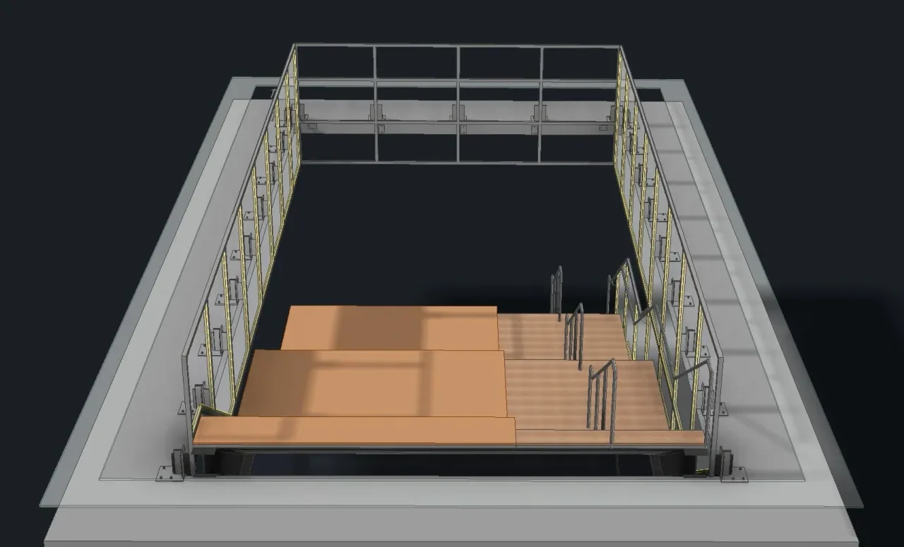 Isometric 3D CAD model of a stair opening with glass guard panels on posts and the treads shown in orange